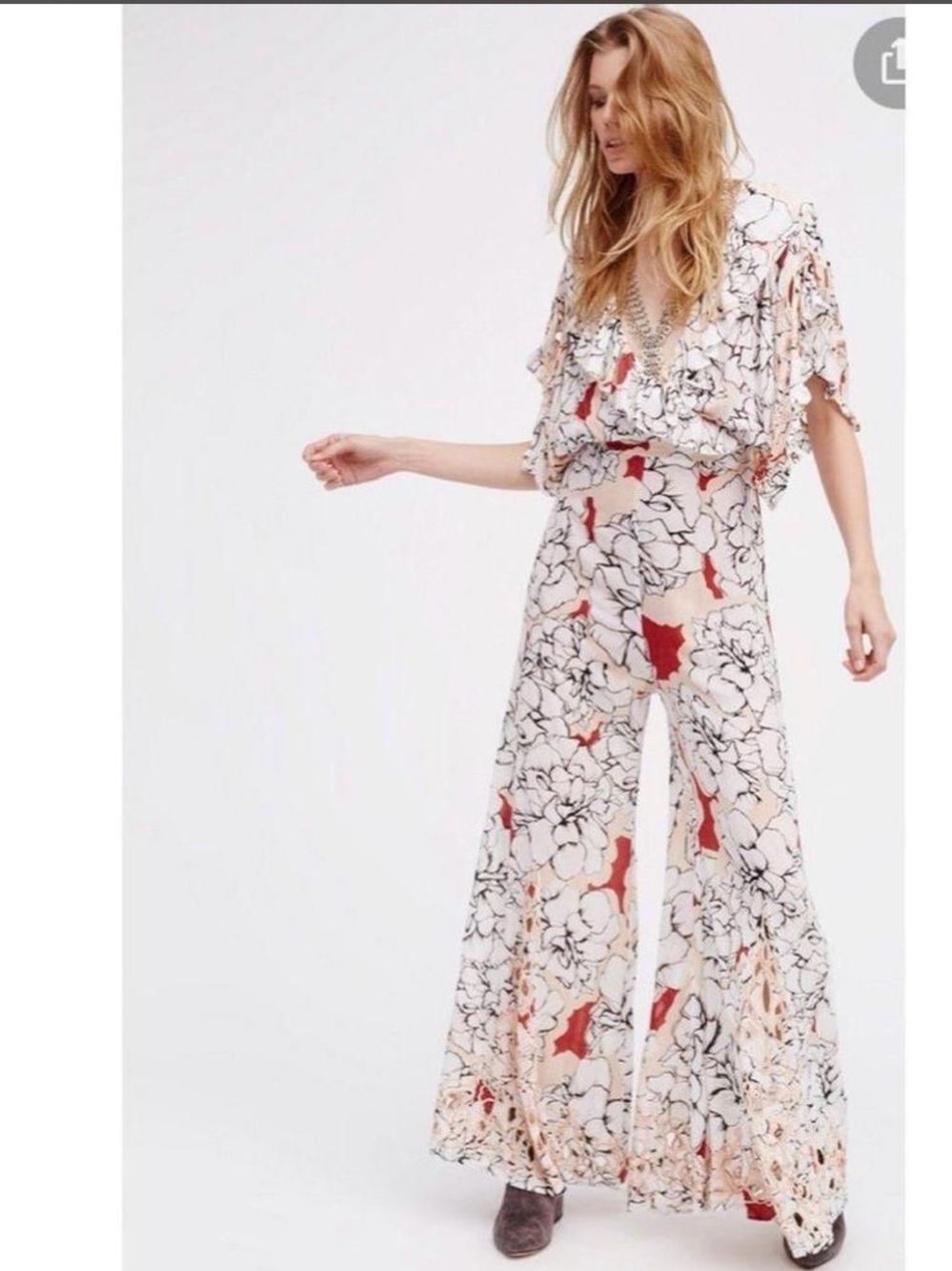 Free People Sketchbook Floral Open Back Wide Leg Jumpsuit